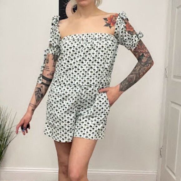 Milly Off the Shoulder Palm Tree Zoey Romper Elastic Waist Size 0 Green/White - Picture 3 of 12